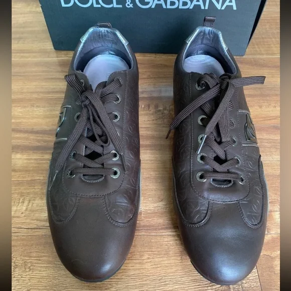 Authentic DOLCE & GABBANA Mens Sneakers Shoes Brown Silver DG Logo Sz 12EUR 46